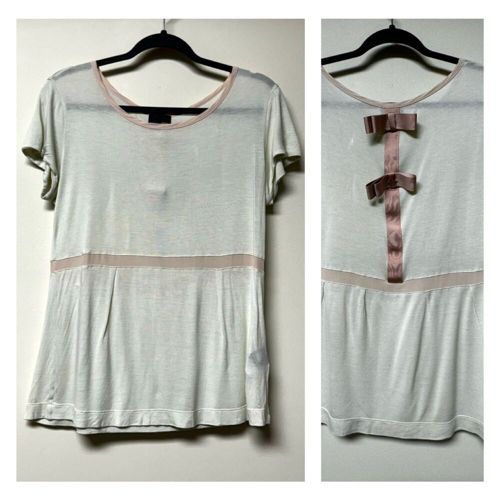 FENDI Silk Blend Bow Back Short Sleeve Tee, Ivory/Pink, Sz 44 (L-XL)